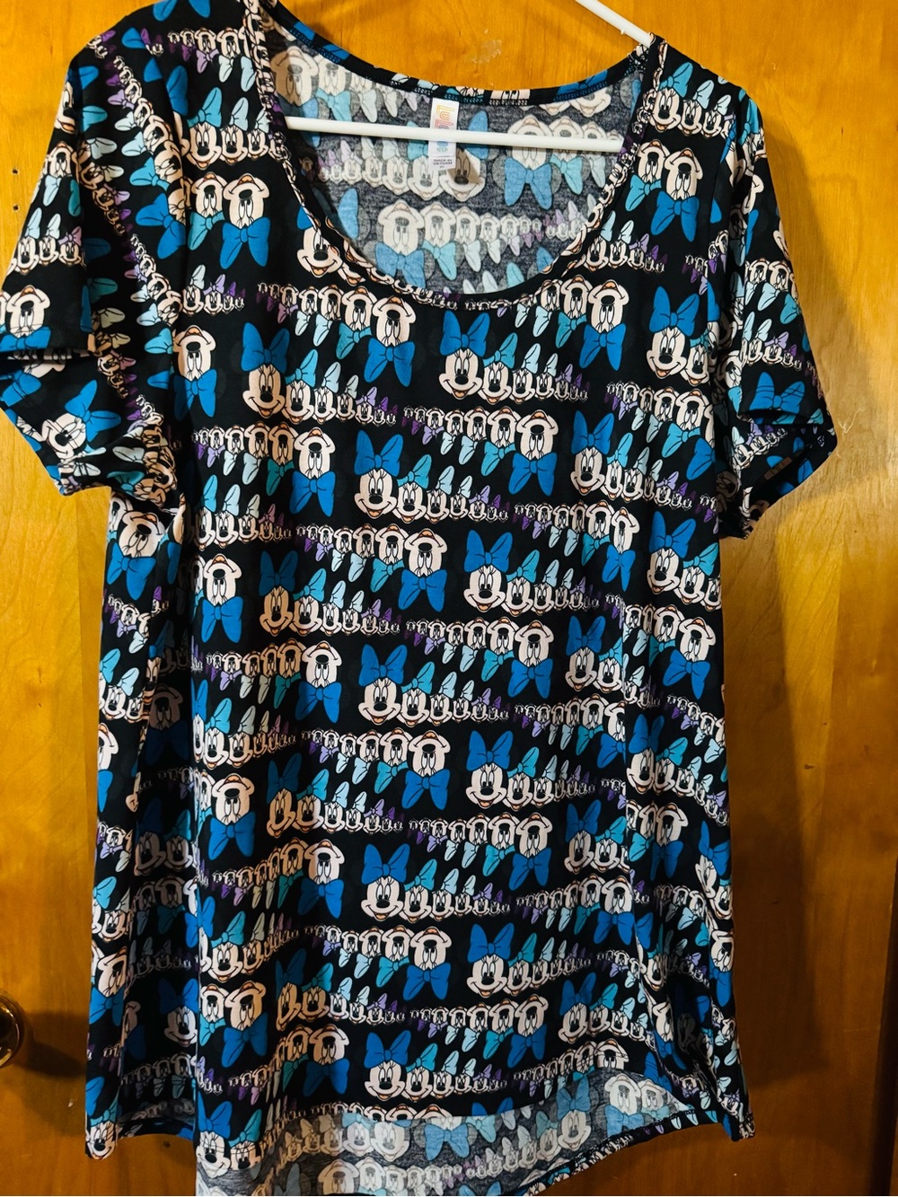 LuLaRoe Black Tee with Blue & White Minnie Mouse Print